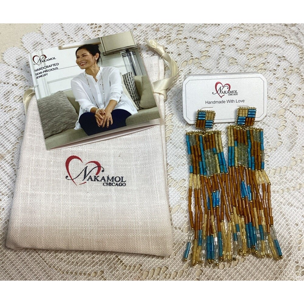 Nakamol Chicago Beaded Western Earrings Blue Orange Handmade Boho Gold Tone